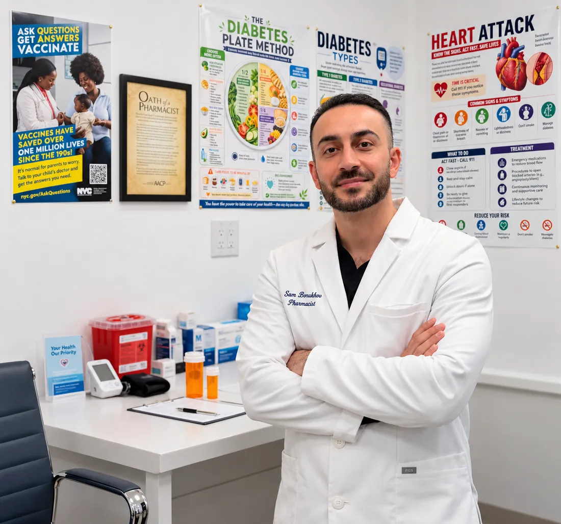 Dr. Sam Borukhov, PharmD, in the private consultation room at Mega Health Rx Pharmacy in Forest Hills